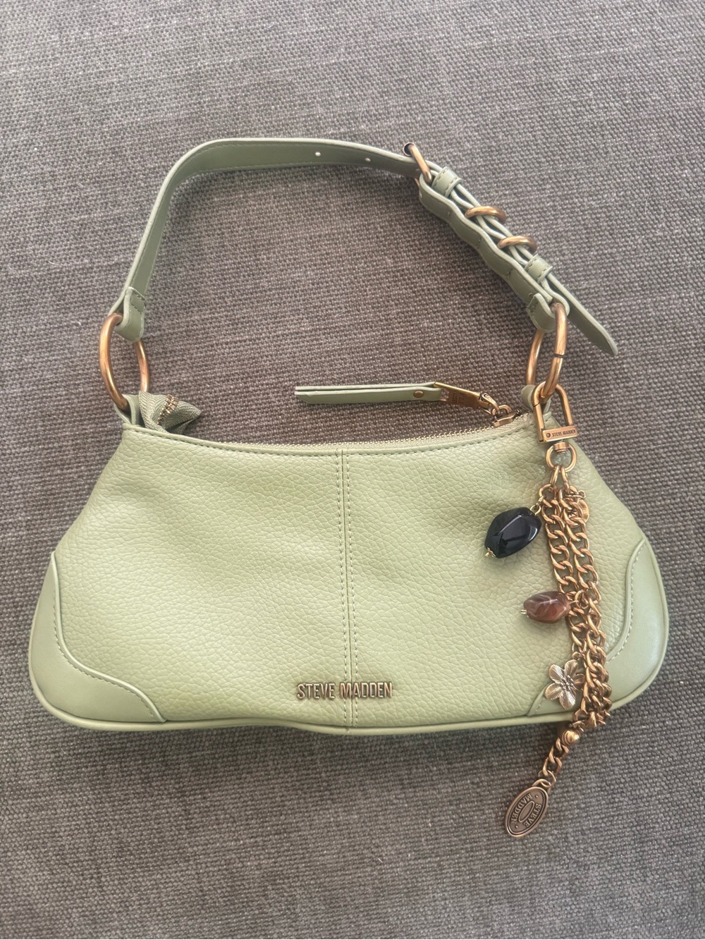 NWOT Steve Madden Olive Green Leather Shoulder Bag with Charm Chain